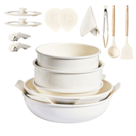 17-Piece Cookware Set, 5 Pots and 2 Lids, Removable Handles, Non-Stick Aluminum Pots and Pans, Microwave & Oven Safe, Dishwasher Safe, Cream Whit